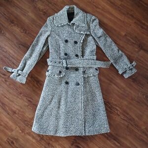 Banana Republic Womens Herringbone Wool Blend Belted Trench Coat Black White M